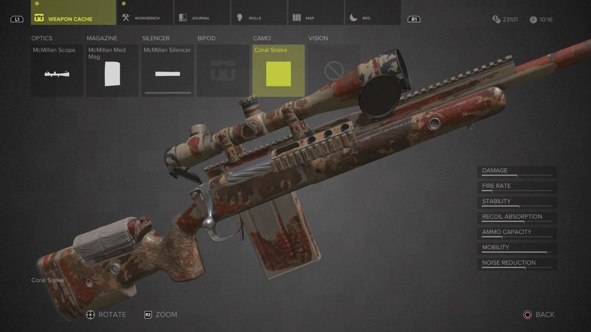 Sniper: Ghost Warrior 3 - Sniper Rifle McMillan TAC-338A (PlayStation 4) screenshot: Coral Snake camouflage close-up