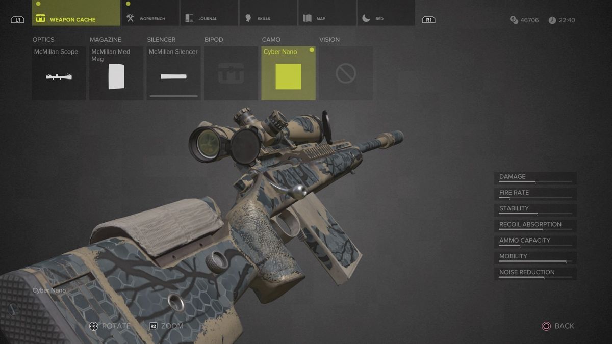 Sniper: Ghost Warrior 3 - Sniper Rifle McMillan TAC-338A (PlayStation 4) screenshot: Cyber Nano camouflage rear view