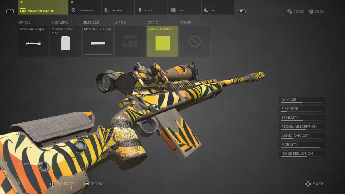 Sniper: Ghost Warrior 3 - Sniper Rifle McMillan TAC-338A (PlayStation 4) screenshot: Yellow Bamboo camouflage rear view close-up