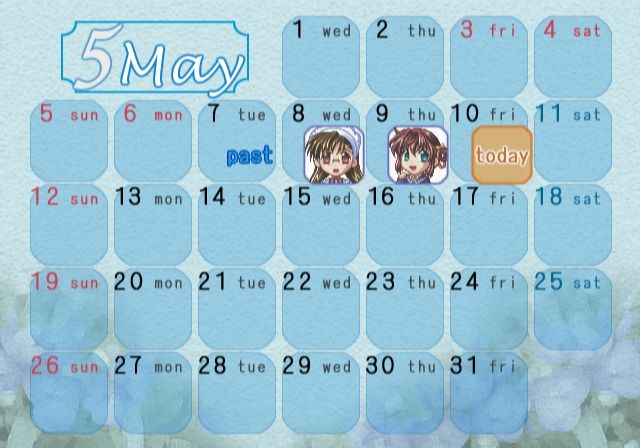 Memorial Song (PlayStation 2) screenshot: The calendar shows the events and days that have passed.