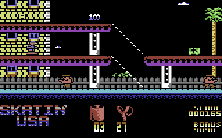 Skatin' USA (Commodore 64) screenshot: A dollar bill on the platform.