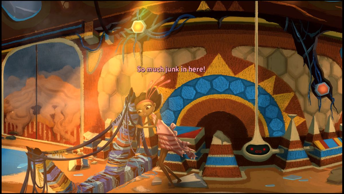 Broken Age (PlayStation 4) screenshot: Vella is exploring what's left of the spaceship