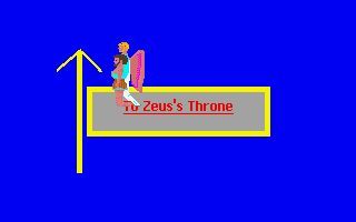 Math Assault I: Word Problems (DOS) screenshot: At the end of the game's preamble the player is summoned to see Zeus. Here they are being given a lift by Iris, Zeus' assistant.