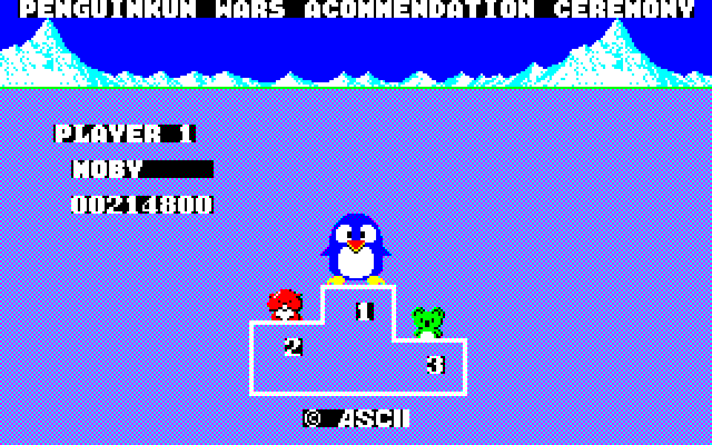 Penguin-Kun Wars (Sharp X1) screenshot: Top step of the podium at the "Acommendation ceremony"