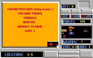 Math Assault II: Fractions (DOS) screenshot: After defeating the level one boss he player must answer one more question before they can proceed to level two.