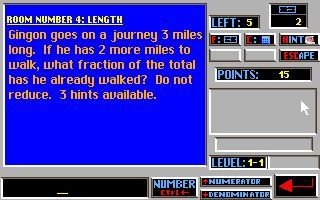 Math Assault II: Fractions (DOS) screenshot: After killing a baddie the player is asked a question like this.