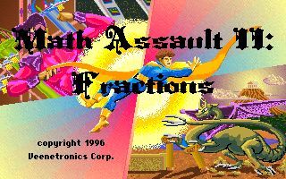 Math Assault II: Fractions (DOS) screenshot: The games splash screen. This appears after the shareware order screen in the unregistered version.