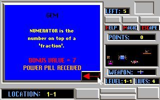 Math Assault II: Fractions (DOS) screenshot: Other bonuses that can be collected give the player information that is useful in answering the questions the game poses.