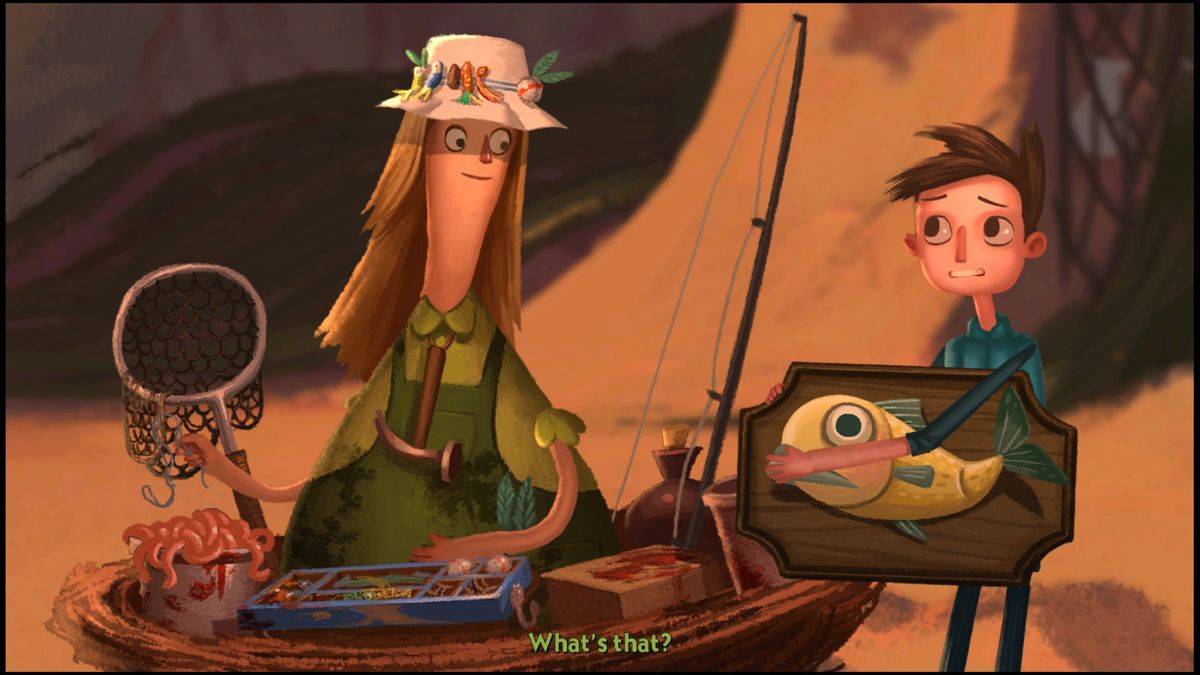 Broken Age (PlayStation 4) screenshot: Fish this big got caught... it's all in the wrist
