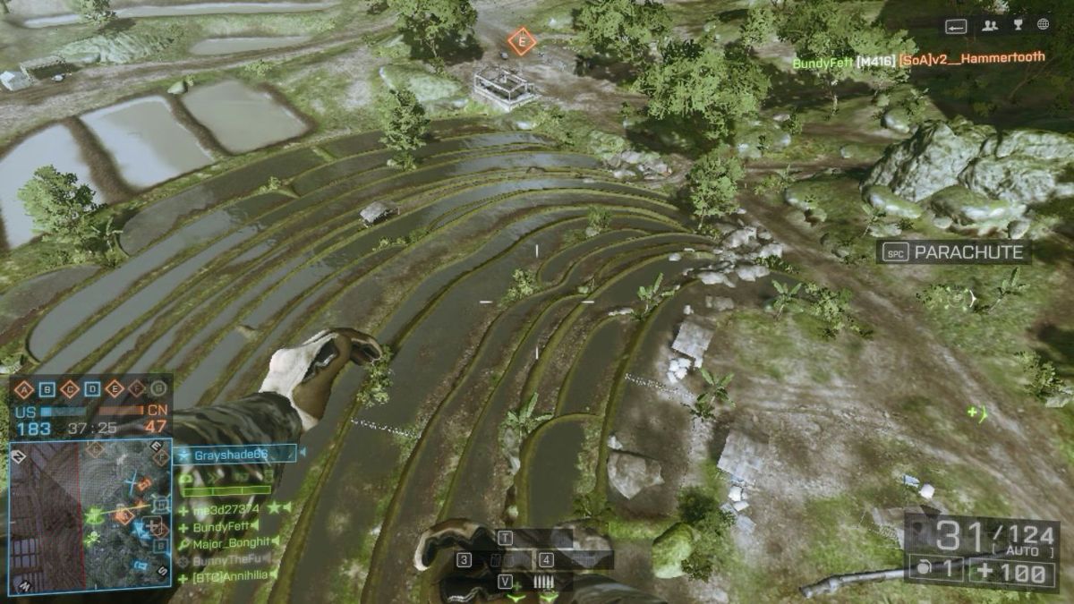 Battlefield 4: China Rising (Windows) screenshot: Parachuting in to take (E) map point