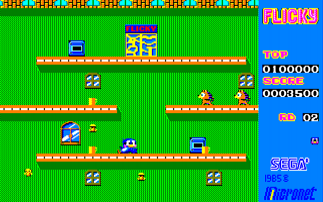 Flicky (Sharp X1) screenshot: Striking a pose while being chased by two cats