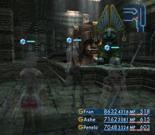 Final Fantasy XII (PlayStation 2) screenshot: No, there is no graphical error here. It's just that I've cast an invisibility spell on the party! The Egyptian-style statues seem confused by this