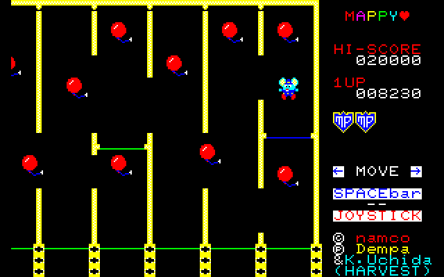Mappy (Sharp X1) screenshot: Bonus round, bounce across a series of trampolines, popping red balloons