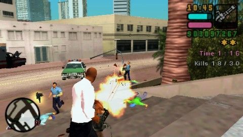 Grand Theft Auto: Vice City Stories (PSP) screenshot: I've got a big gun and there's nothing you can do about it