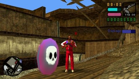 Grand Theft Auto: Vice City Stories (PSP) screenshot: Foreground: Rampage icon. Background: one of 99 red balloons hidden throughout the city.
