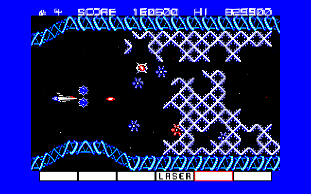 Gradius (Sharp X1) screenshot: Stage 6 features a biological look and feel to it. Amoeba are the primary enemies in this stage