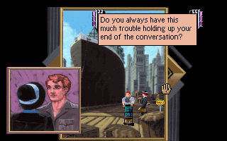 The Dagger of Amon Ra (DOS) screenshot: Lovely visual design of the area. You meet an... err... interesting young man. Conversations in the game are usually quite well-written