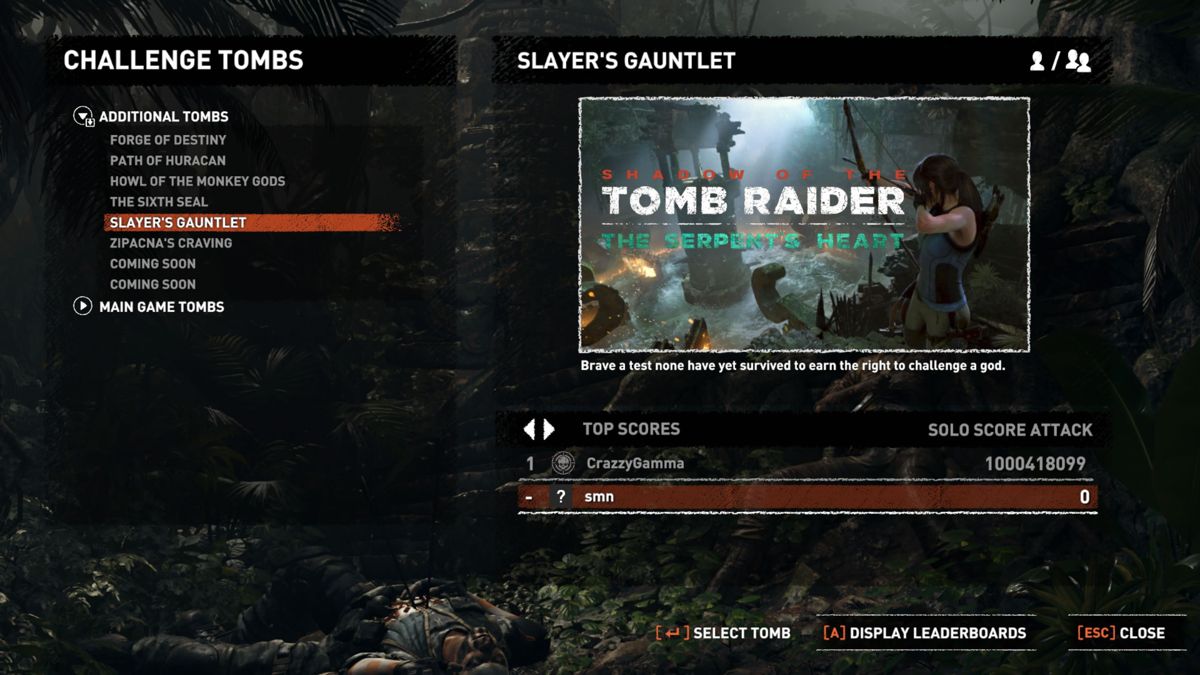 Shadow of the Tomb Raider: The Serpent's Heart (Windows) screenshot: The new challenge tomb can be accessed right away from the main menu.