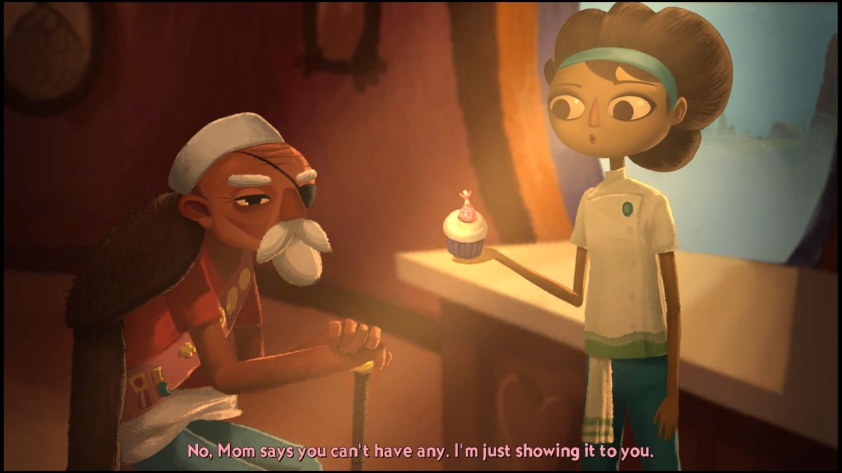 Broken Age (PlayStation 4) screenshot: Vella, tricking her grandfather into revealing where he hid the knife for cutting the cake