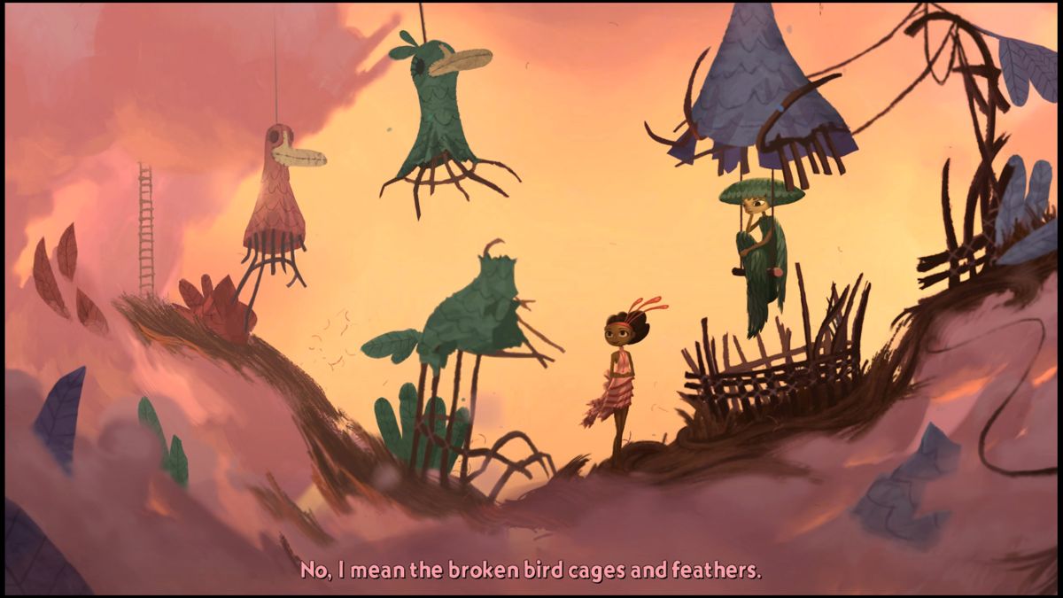 Broken Age (PlayStation 4) screenshot: Talking to a fellow maiden that also wasn't sacrificed, much to her dismay, though