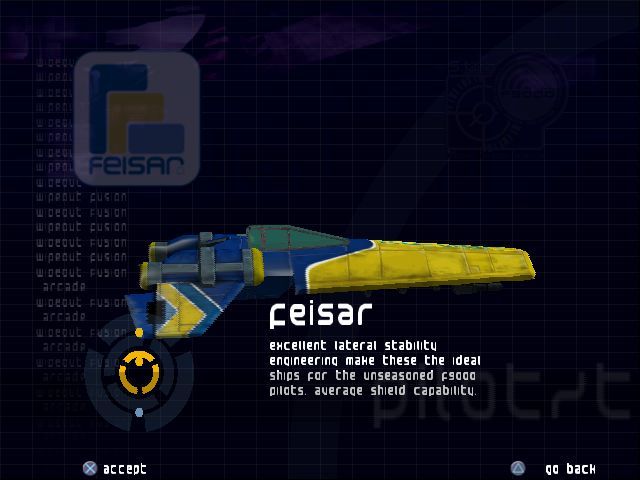 WipEout Fusion (PlayStation 2) screenshot: Demo Version: The main menu is the same as the full game but most of the options are greyed out. This is the ship selection screen, only two are available