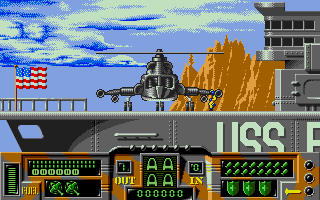 Firehawk (Atari ST) screenshot: In game intro: our helicopter starts