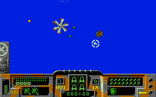 Firehawk (Atari ST) screenshot: Our helicopter can turn and shoot in 16 directions