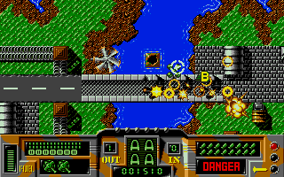 Firehawk (Atari ST) screenshot: The destruction of a bridge is rewarded with an Extra weapon