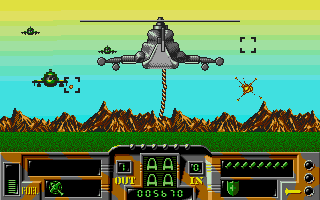 Firehawk (Atari ST) screenshot: After landing, enemy helicopters attack in a pseudo 3D mini-game