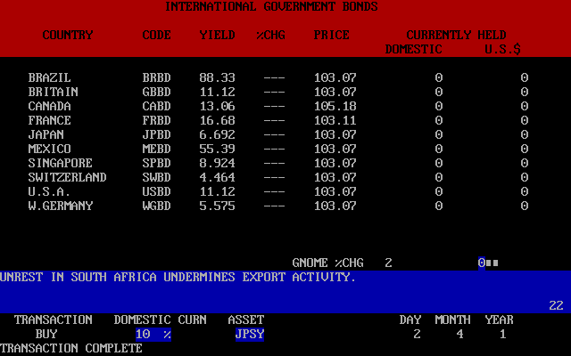 Money Bags: Beat the Gnome of Zurich (DOS) screenshot: International government bonds.
