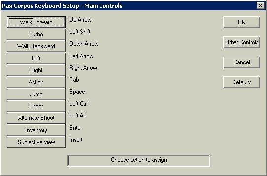 Pax Corpus (Windows) screenshot: There is a separate function which allows the player to redefine some, but not all, of the action keys