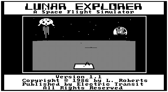 Lunar Explorer: A Space Flight Simulator (DOS) screenshot: Title screen (monochrome EGA)