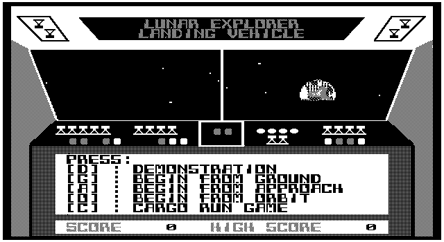 Lunar Explorer: A Space Flight Simulator (DOS) screenshot: Main menu (monochrome EGA)