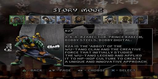 Wu-Tang: Shaolin Style (PlayStation) screenshot: Playing in Story Mode: This is the character selection screen
