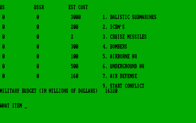 Global Thermonuclear War (DOS) screenshot: Choose the type of systems to develop