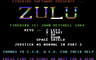 Zulu (Commodore 64) screenshot: Title Screen.