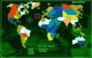 Syndicate (Amiga) screenshot: Map of the world on which you may choose next region you would like to take over.