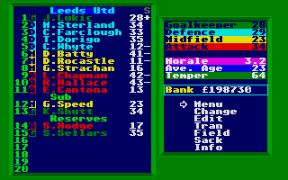 Leeds United Champions! (Atari ST) screenshot: Squad overview: players and their skills, possibility to change positions or field substitute players