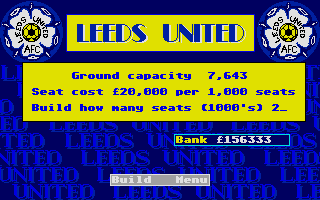 Leeds United Champions! (Atari ST) screenshot: Extending the ground capacity seems to be a good idea to raise some cash. Although: hopefully the team is good enough to get some visitors to the matches