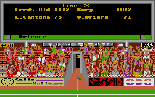 Leeds United Champions! (Atari ST) screenshot: Top game in division 4: luckily Mr. Cantona saved the day. The game view is non-interactive, no subs can be done or tactics changed during the game
