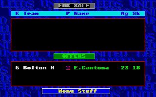 Leeds United Champions! (Atari ST) screenshot: Transfer market: an offer for Cantona is around, but no replacement is available on the market