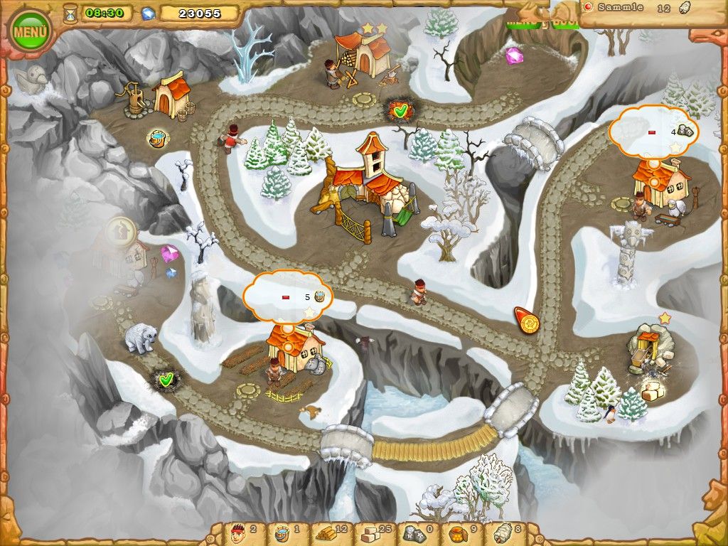 Island Tribe (Windows) screenshot: As the game continues, you have to keep production lines running.