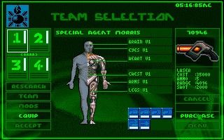 Syndicate (Amiga) screenshot: Select your team, buy an equipment, do the research...