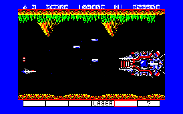 Gradius (Sharp X1) screenshot: The most prominent boss in the Gradius series - Big Core, in this game it turns up in almost every stage
