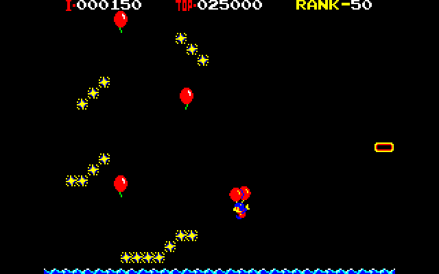 Balloon Fight (Sharp X1) screenshot: Balloon Trip mode, the screen automatically scrolls to the left, pop every balloon and avoid every spark
