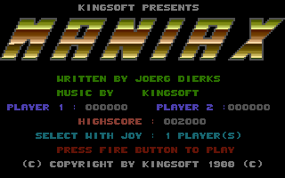 Maniax (Commodore 16, Plus/4) screenshot: Title Screen.