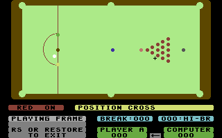 On Cue (Commodore 64) screenshot: Setting up the shot (Snooker)