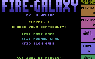 Fire Galaxy (Commodore 16, Plus/4) screenshot: Difficulty levels.