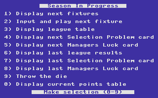 Brian Clough's Football Fortunes (Commodore 16, Plus/4) screenshot: Main Menu.