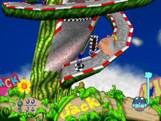 Ten Made Jack: Odoroki Mamenoki Daitoubou!! (PlayStation) screenshot: Some kind of race track up the beanstalk